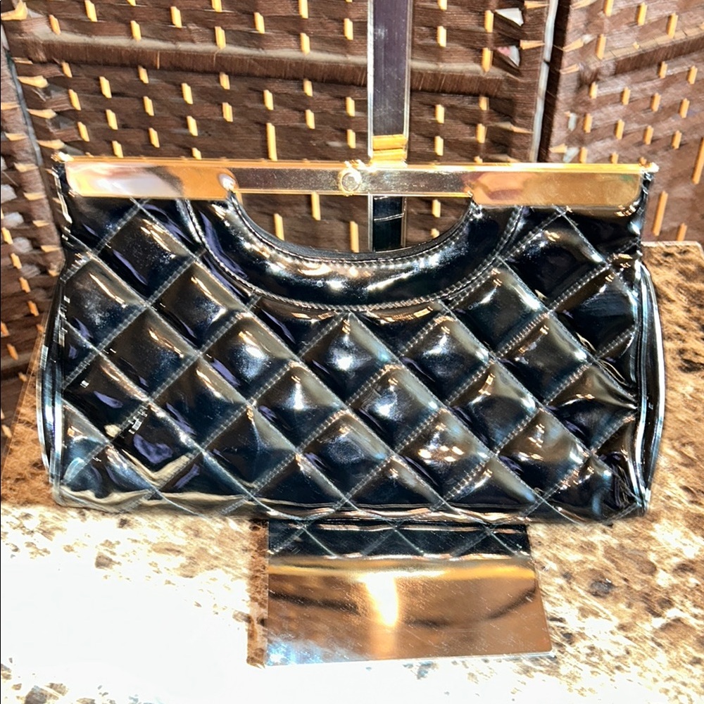 Vintage Saddle River Elegant Black Quilted Handbag, faux patent leather, clutch